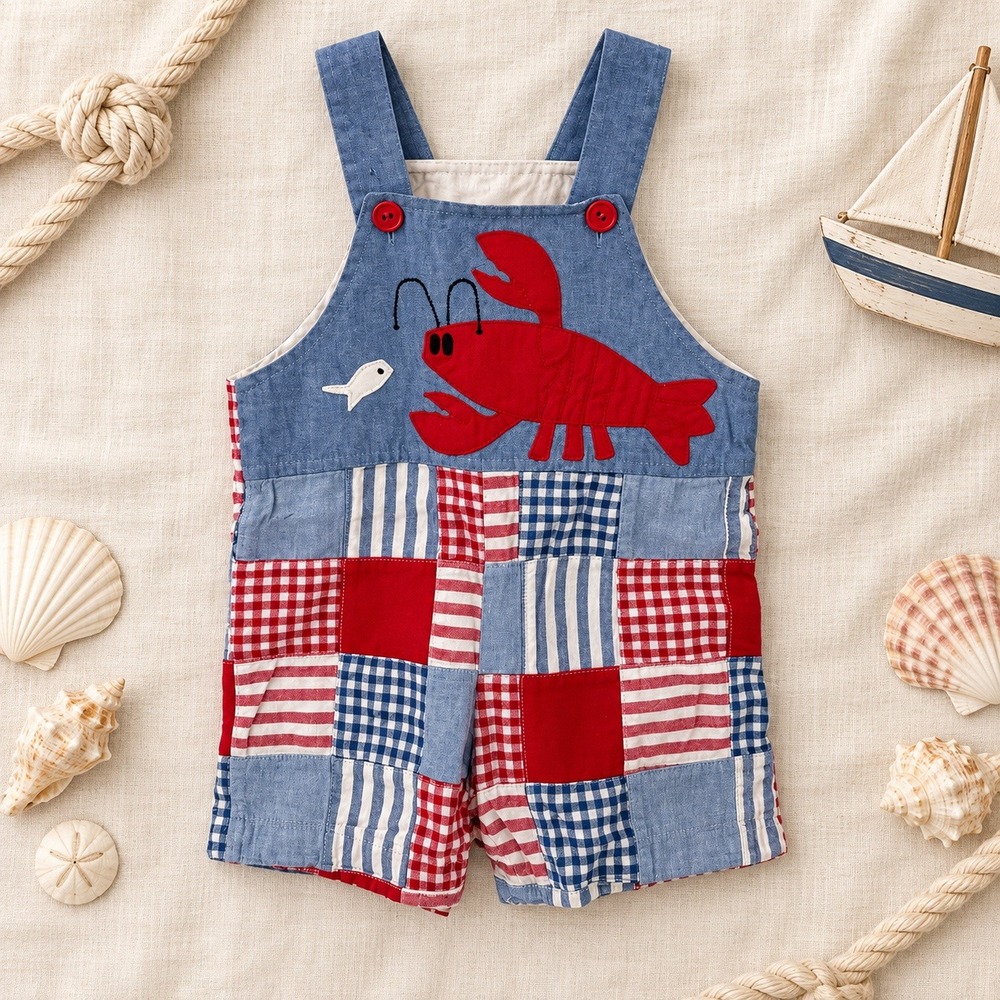 Funtasia Too Lobster Patchwork Sunsuit Romper 12M Blue Red Nautical 14847A